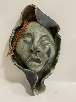 Handmade Artist Signed Raku Clay Free Formed Wrapped Face Death Mask Hanging - Image 1 of 4