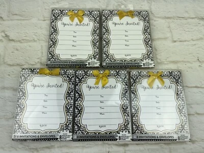 40 invitaciones Save The Date hora de fiesta blanco y negro con lazos de oro amarillo Foto 1 de 4