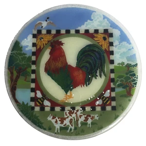 Peggy Karr 14" Round Plate Platter Fused Glass ROOSTER Farm Animals Check NEW - Picture 1 of 11