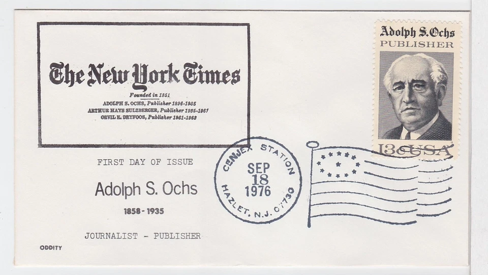 TurtlesTradingPost- Adolph Ochs 1976 #1700 FDC ODDITY Cachet- CENJEX Flag Cancel - Image 1 of 1