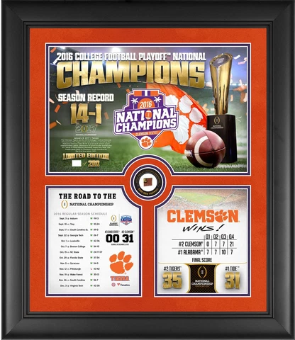 Clemson Tigers NCAA Football 2016 Natl Champs Framed 20x24 Collage w/Ball Piece Cover