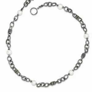 14k/Silver Two-Tone Sterling Silver 14k 14kt FW Cultured Pearl Necklace 9mm - Picture 1 of 3