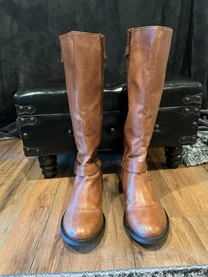 Steve Madden Women’s Cognac Leather Knee High Riding Boots Size 7.5 Zip Brown - Image 1 of 4