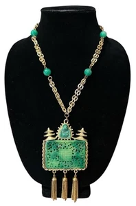 Asian Buddha Tassel Fringe Pendant Necklace Faux Green Jade Juliana? Vendome? - Picture 1 of 13
