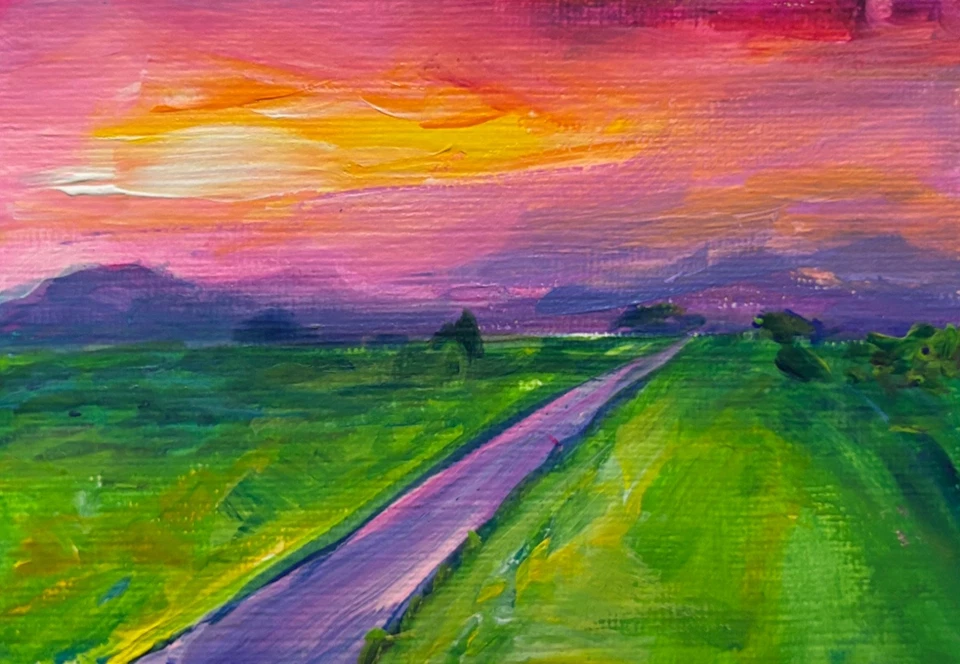 ACEO Original, Paisaje Abstracto Puesta de Sol Camino, Montañas Mini Pintura Acrílica Foto 1 de 1