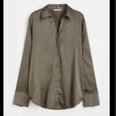 H&M Olive Green Brown Chiffon Womens Button-Down Long Sleeve Blouse  - Image 1 of 4