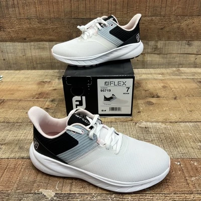 Tênis de golfe Footjoy FJ Flex 95719 feminino sem cravos branco/azul tamanho 7 M  - Imagem 1 de 4