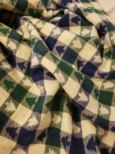 Buffalo Check Tablecloth Oblong 53 x 69 Blue Green Ivory Trees - Picture 1 of 4