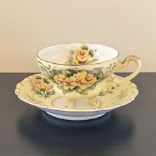 Vintage 3 Footed Teacup & Saucer Yellow Roses with Gold Scalloped