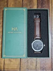 Henry Ashton Perpetual Classic Mens Watch 42MM Black Dial Brown Band With Date - Picture 1 of 9