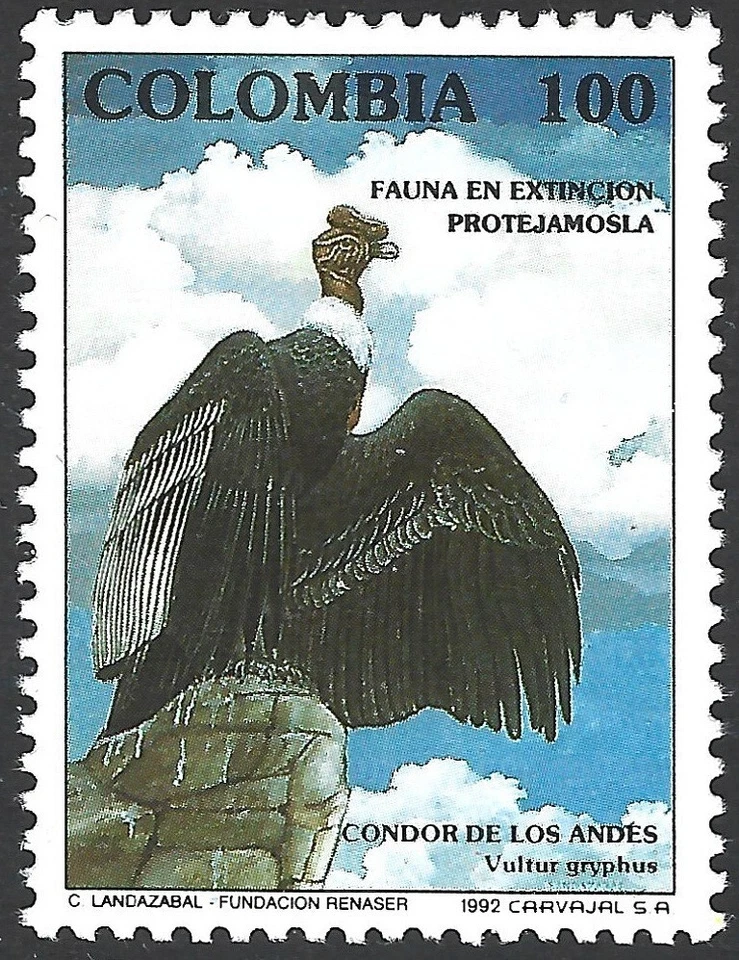 Colômbia 1992.  Pássaros. Condor. Sc# 1054, sem marca de charneira  - Imagem 1 de 1