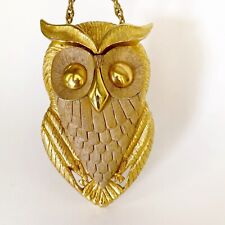 Vintage GIANT Owl Necklace - Gold Metal and Wood 70’s Jewelry