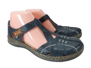 Rieker Flat Blue Leather Mary Jane Sandals Loafer Strappy Shoes Sz 38 US Sz 7 - Picture 1 of 13
