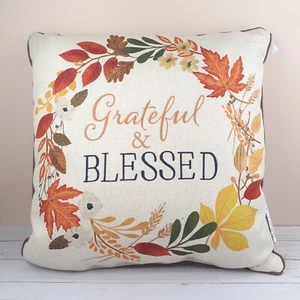 Fall Decorative Throw Pillow Wreath Grateful Blessed Couch Bed - Picture 1 of 3