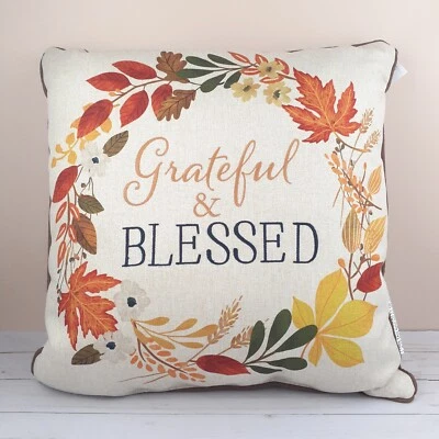 Fall Decorative Throw Pillow Wreath Grateful Blessed Couch Bed - Image 1 of 3