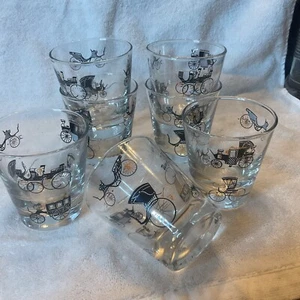 7 Vintage Libby Antique Horse Drawn Carriage Buggy Glasses .Tumbler Barware - Picture 1 of 5