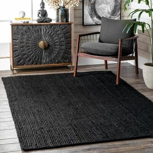 Rug Black Jute Rectangle Hand Braided Farmhouse Area Rug Rustic Look Modern Rug - Picture 1 of 9