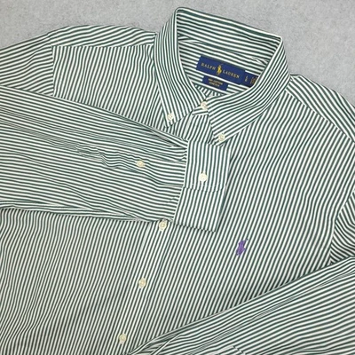 Camisa Ralph Lauren Para Hombre Verde Blanco Rayas Abotonada Algodón Elástico Talla L Foto 1 de 4