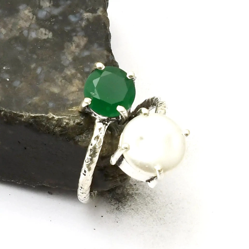 Кольцо ручной работы с имитацией изумруда жемчуга ювелирное изделие размер США - 7,25 AR 39987 - Изображение 1 из 1