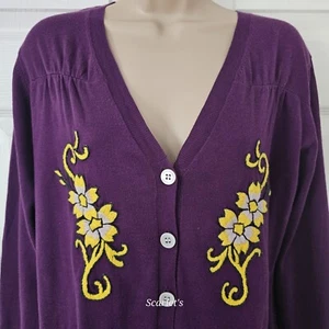 Odd Molly Embroidered Cardigan Size 3 Large Purple & Yellow Cotton Made In USA - Picture 1 of 9