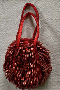 Red Beaded Evening Bag Small Flapper Style Purse Satin Lined Zipper 2 Handles