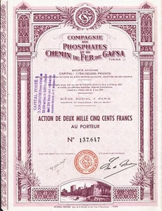 AFRICA TUNISIA PHOSPHATE & RAILWAY COMPANY OF GAFSA stock certificate/ bond - Picture 1 of 1