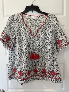 J Jill Bauernbluse Pullover Oberteil bestickt schwarz weiß rot Quasten Gr. PS - Bild 1 von 8