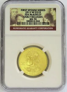 2013 W GOLD $10 IDA MCKINLEY SPOUSE 2,008 MINTED 1/2 oz NGC MS 70 EARLY RELEASES - Picture 1 of 2