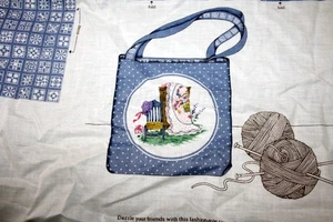 QUILT THEMED TOTE BAG PANEL IN FEDERAL BLUE - 100% COTTON FABRIC - Picture 1 of 6