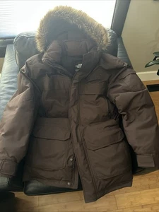 North Face Jacket Mens Large Brown HyVent Hooded Faux Fur Parka Coat Warm - Picture 1 of 8