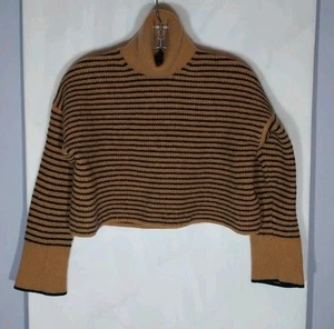Madewell Turtleneck Sweater Sz L 100% Merino Wool Cropped Tiger Striped Warm - Picture 1 of 6