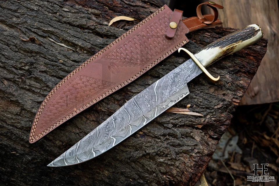 HUNTEX Handmade Damascus Blade Deer Antler Hilt 455mm Exotic Classic Bowie Knife - image 1 of 4