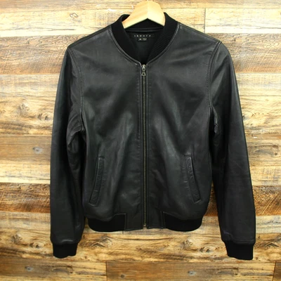 Theory Mens Leather Jacket Size M Full Zip Black Bomber - Image 1 of 4