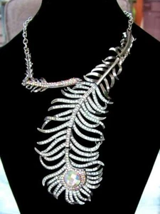 High Quality Fashion aurora borealis PEACOCK Feather Crystal Necklace - Picture 1 of 4