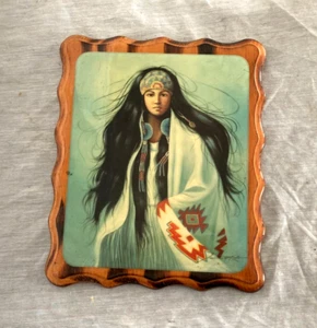 VINTAGE "INDIAN MAIDEN" LACQUERED PRINT ON WOOD BY Z. GARCIA 11.5" x 9.5"- NICE! - Picture 1 of 2