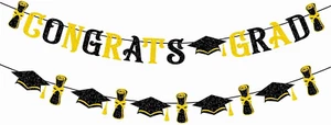Congrats Grad Banner Gold Black Glitter Congrats Grad Graduations Party Banner G - Picture 1 of 12