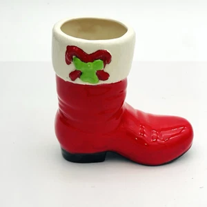 Bota de Papá Noel de cerámica vintage bastón de caramelo verde arco maceta 5" - Imagen 1 de 16