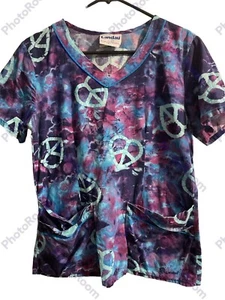 Landau Peace Symbols Blue Purple Montage Abstract SMALL Scrub Top - Picture 1 of 3