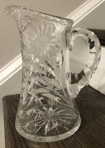 Vintage Crystal Cut Glass Pitcher~Prisim-cut Handle~8.5" high~Floral Design - Picture 1 of 7