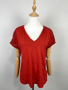 Lauren Ralph Lauren Red Short Sleeve Lace V-Neck Casual Shirt Blouse Sz M - Picture 1 of 20