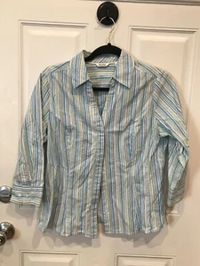 Riders By Lee Instantly Slims You Womens Shirt Size M Blue Striped Button Up - Picture 1 of 7
