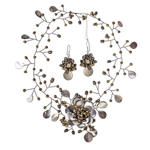 Wonderful Ocean Flower Brown and Bronze Seashell and Pearl 4-Piece Jewelry Set - Picture 1 of 7