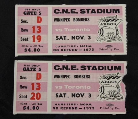 2 VINTAGE 1973 CFL TORONTO ARGONAUTS VS. WINNIPEG BOMBERS FOOTBALL GAME TICKETS Cover