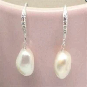 11-12mm natural white Baroque South Sea pearl earring delicate Hoop Platinum - Picture 1 of 3