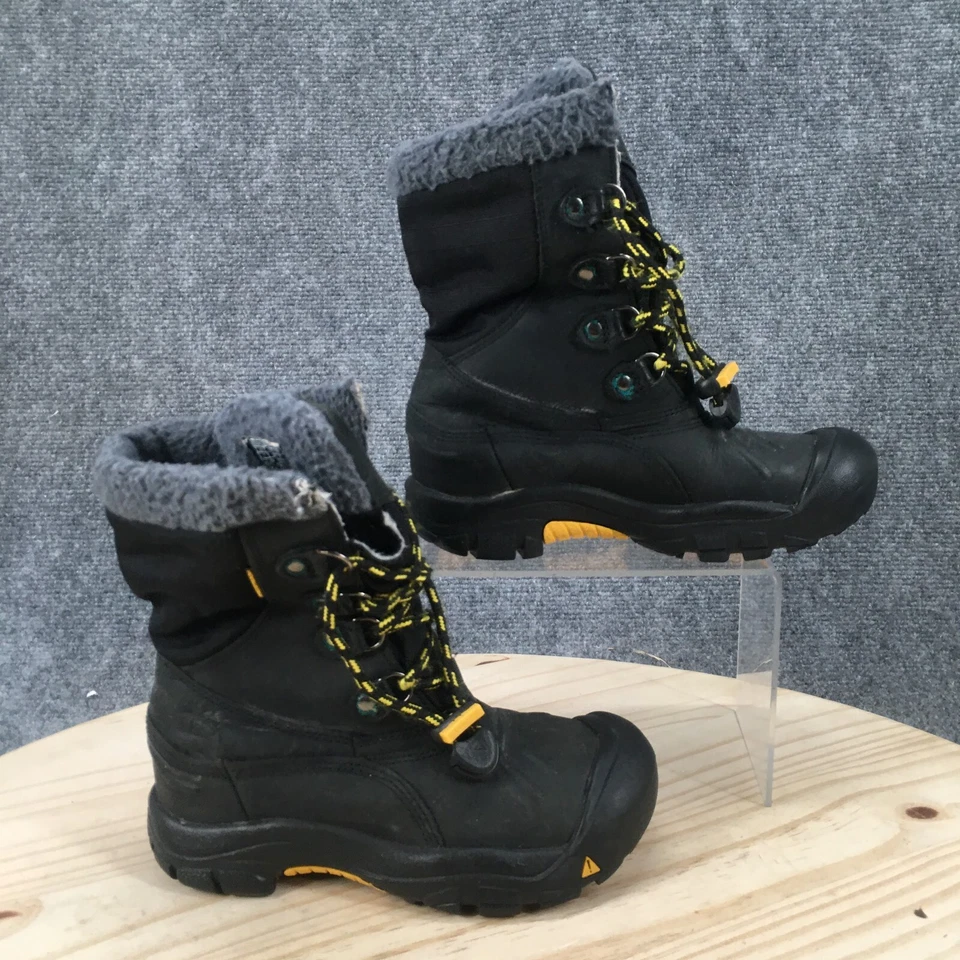 Keen Waterproof Hiking Boots Youth 1 Basin Black Leather Lace Up Faux Fur - Image 1 of 4