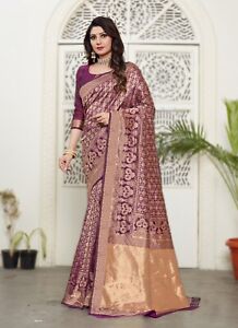 Chemisier sari en soie douce pour femmes vêtements ethniques design or Zari violet riche pallu