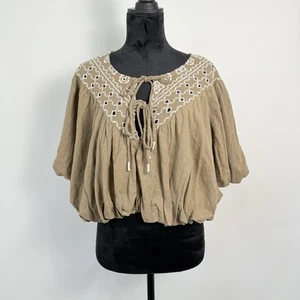Free People Joni Bubble Hem Cropped Embroidered Top Size M Tan Linen Viscose - Picture 1 of 11