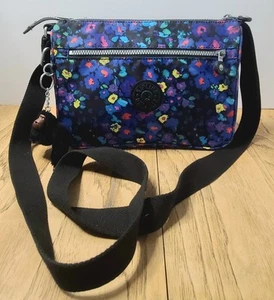 Kipling Messenger Crossbody Bag W Monkey Key Chain Floral Blue Black - Picture 1 of 24