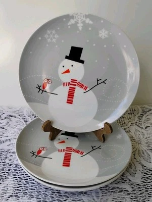 RACHAEL RAY K014 Little Hoot & Snowman Salad Dessert Plate Set of 4 - Image 1 of 4