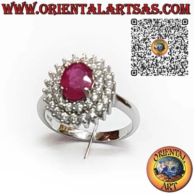 Anello  in Argento 925‰  con Rubino Naturale Ovale Contornato da Doppia Fila di - Immagine 1 di 4